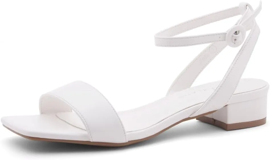 Shoe Land Women's Low Heels Dressy Sandals for 2025-1 Inch Chunky Block Short Heels | Square Open Toe with Adjustable Ankle Strap | Wedding & Party Heeled Sandals