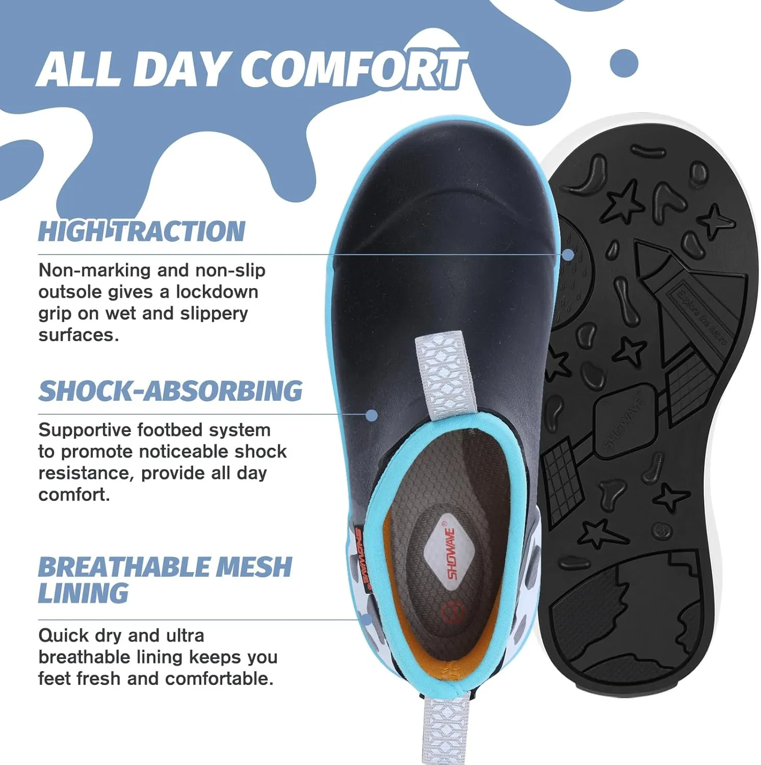 Showave Kid's Rain Boots Waterproof Deck Boots for Boys Girls Insulated Neoprene Rubber Boots Non-slip Child Mud Booties