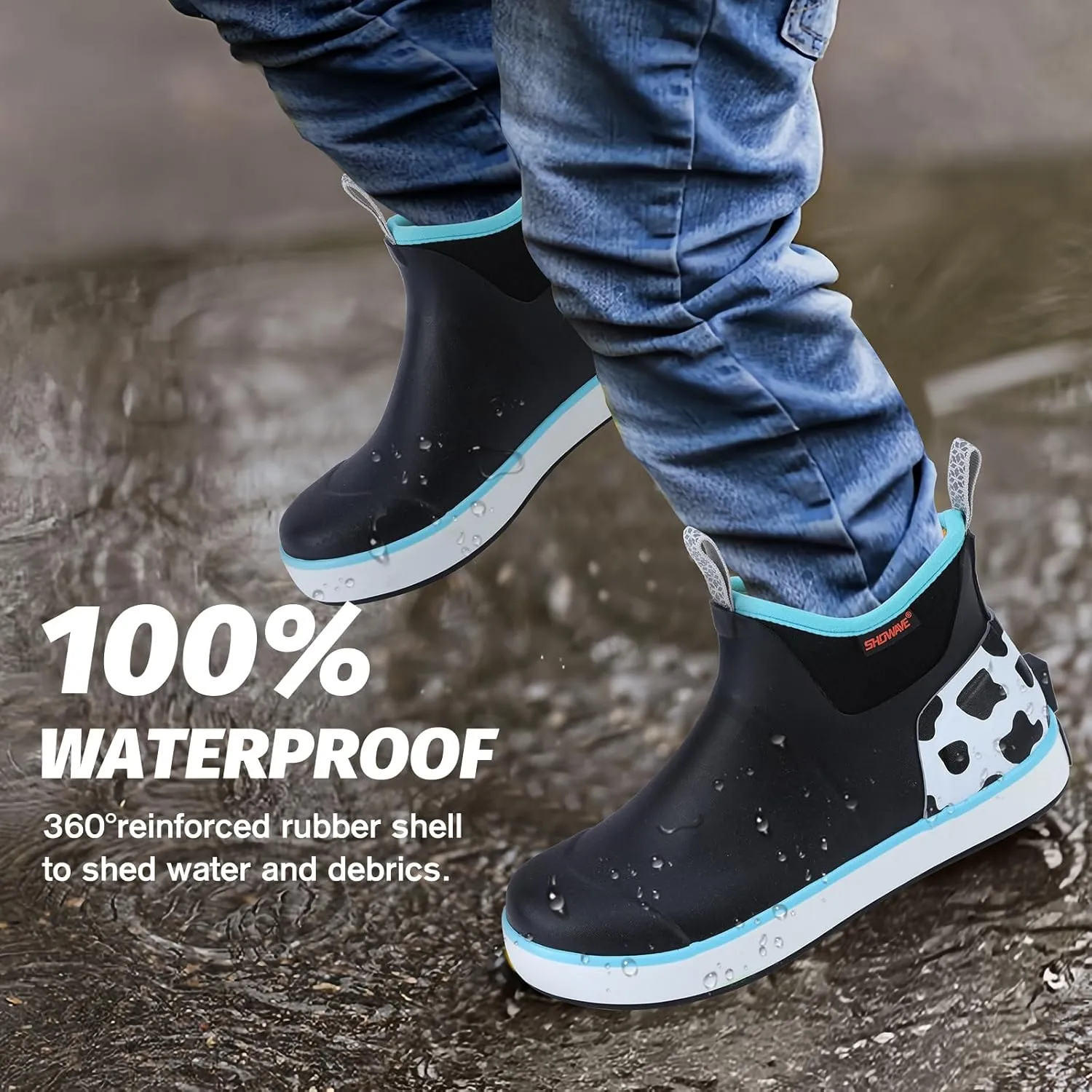 Showave Kid's Rain Boots Waterproof Deck Boots for Boys Girls Insulated Neoprene Rubber Boots Non-slip Child Mud Booties