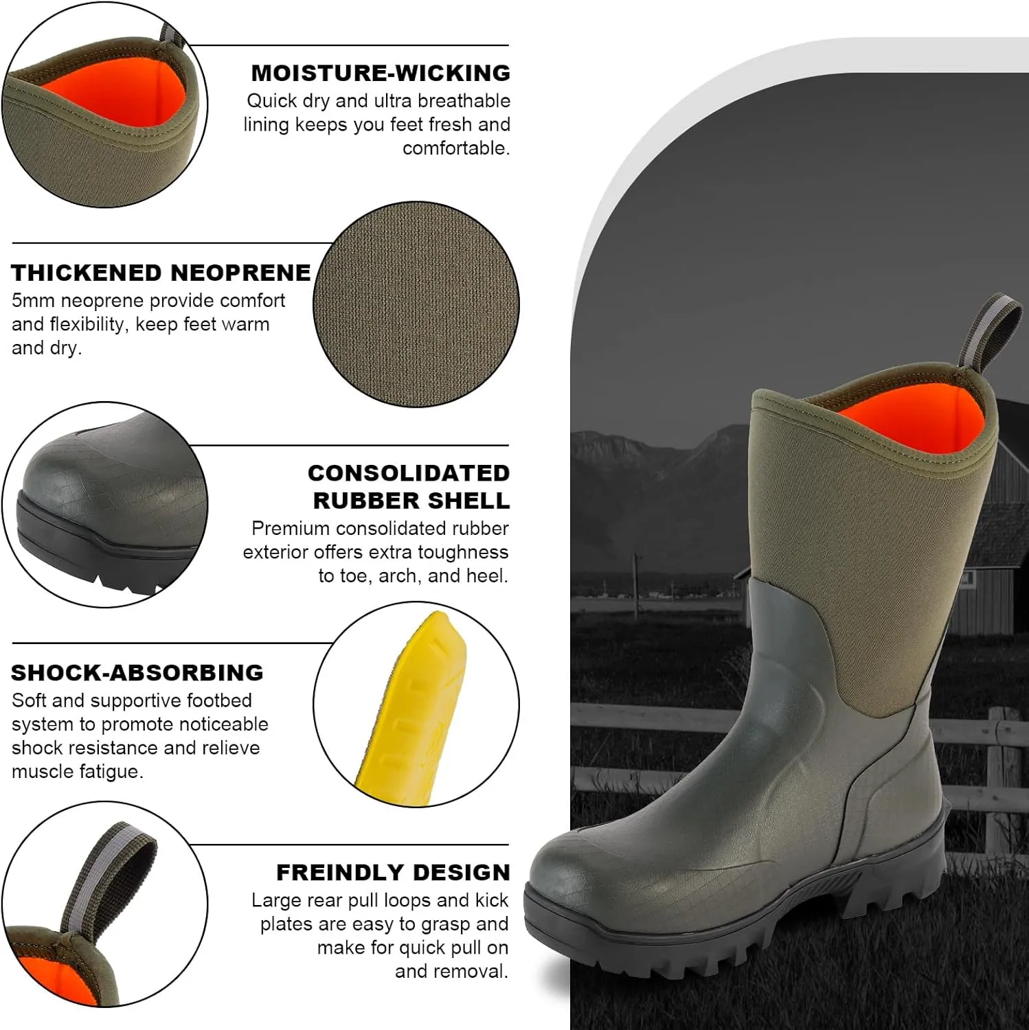 Showave Men's Mid Calf Rubber Work Boots Waterproof Rain Boot Insulated Mud Boots with Comfortable Sports Soles