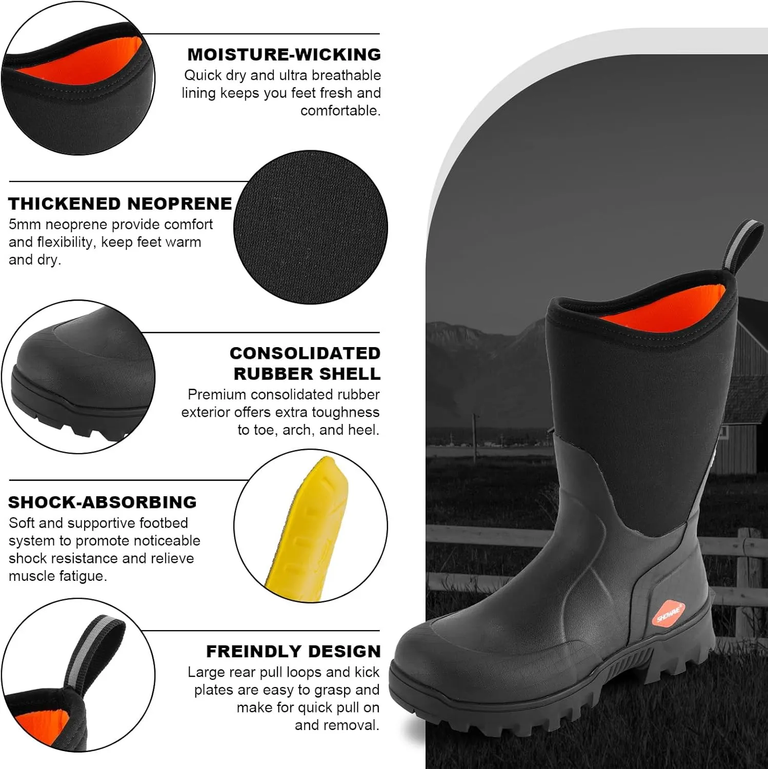 Showave Men's Mid Calf Rubber Work Boots Waterproof Rain Boot Insulated Mud Boots with Comfortable Sports Soles