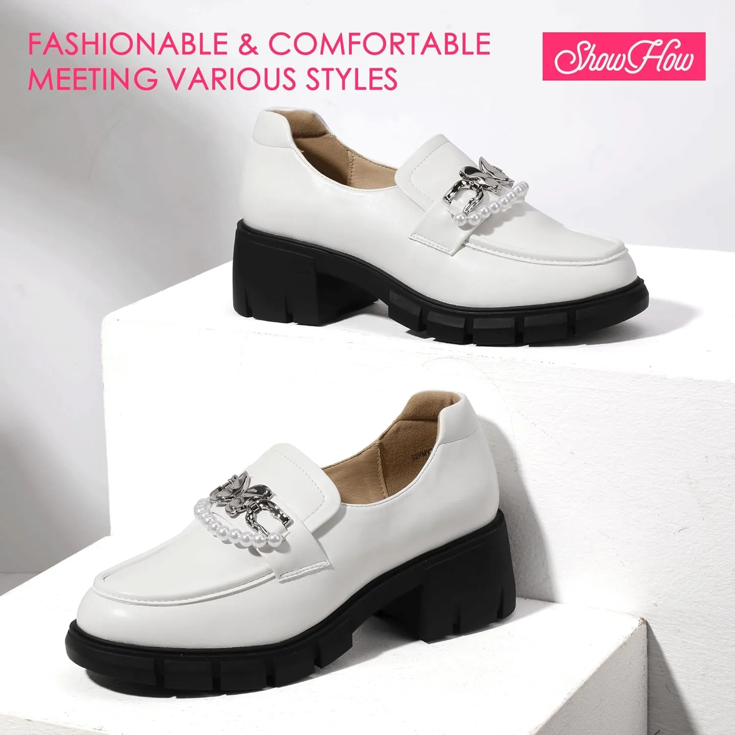 ShowHow Women's Chunky Loafers Platform Slip On Loafers Round Toe Lug Sole Loafers Business Casual Shoes for Women