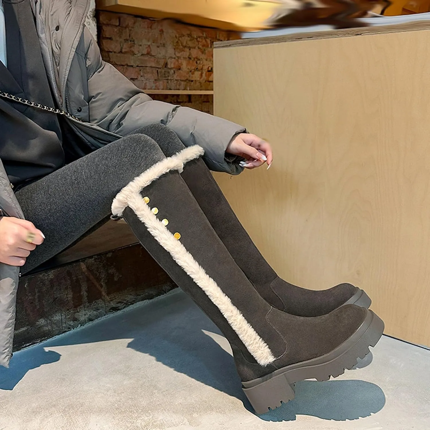 Side Zipper Knee-High Boots Snow Boots, Thick Bottom Low Heel Round Toe Straight Boots Short Plush Lining Raw Edge Warm High Boots Suede Frosted Fashion Boots