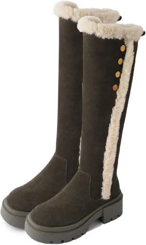 Side Zipper Knee-High Boots Snow Boots, Thick Bottom Low Heel Round Toe Straight Boots Short Plush Lining Raw Edge Warm High Boots Suede Frosted Fashion Boots