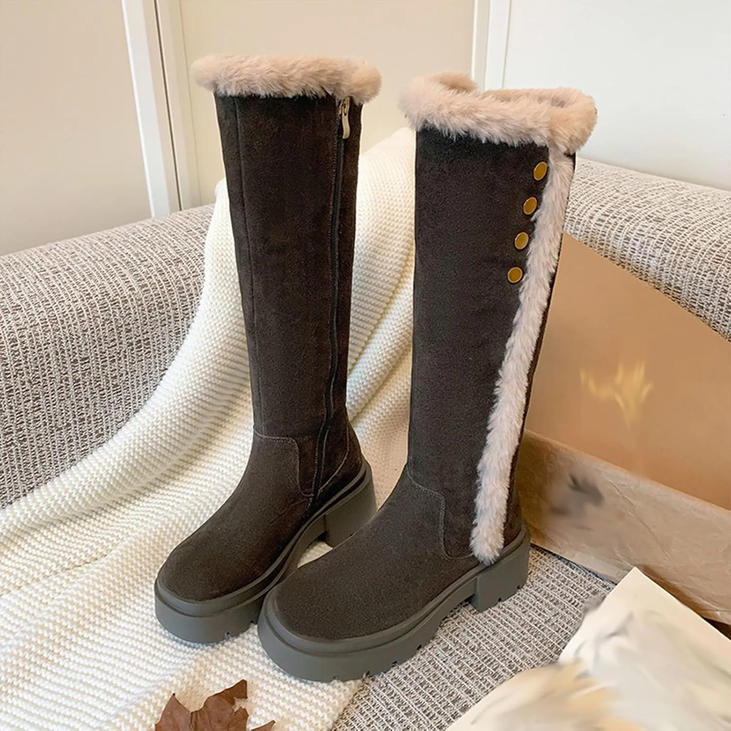 Side Zipper Knee-High Boots Snow Boots, Thick Bottom Low Heel Round Toe Straight Boots Short Plush Lining Raw Edge Warm High Boots Suede Frosted Fashion Boots