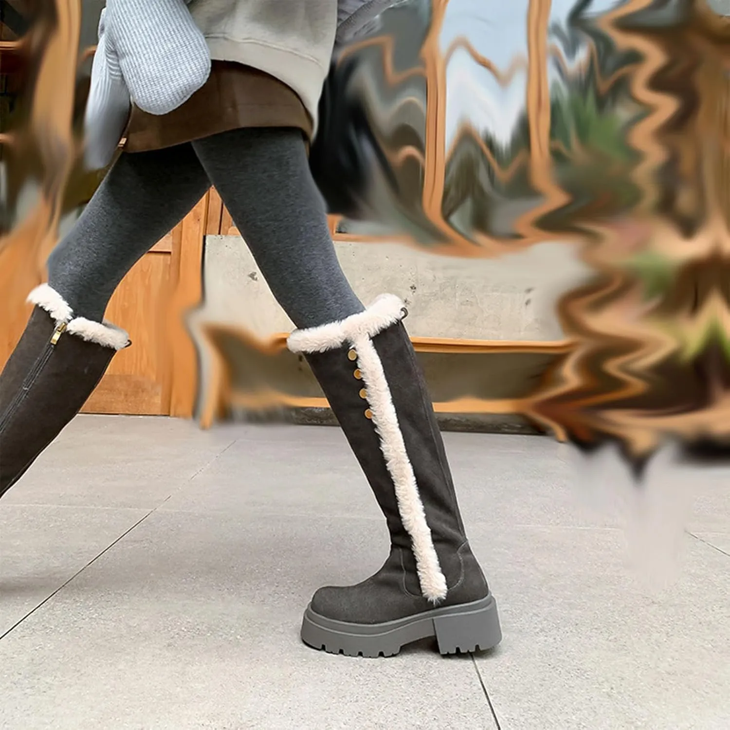 Side Zipper Knee-High Boots Snow Boots, Thick Bottom Low Heel Round Toe Straight Boots Short Plush Lining Raw Edge Warm High Boots Suede Frosted Fashion Boots
