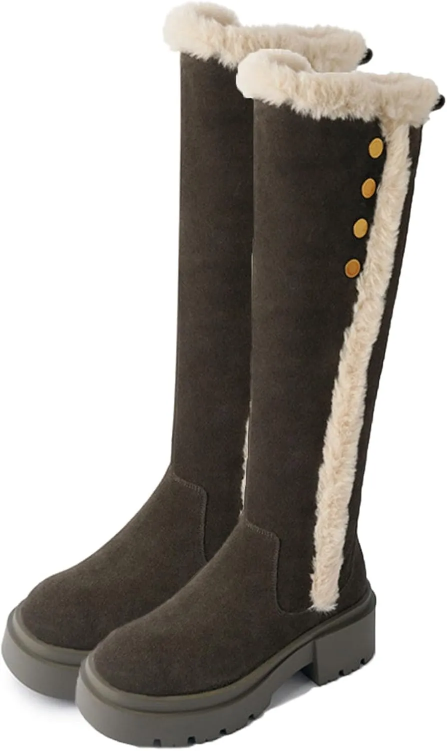 Side Zipper Knee-High Boots Snow Boots, Thick Bottom Low Heel Round Toe Straight Boots Short Plush Lining Raw Edge Warm High Boots Suede Frosted Fashion Boots