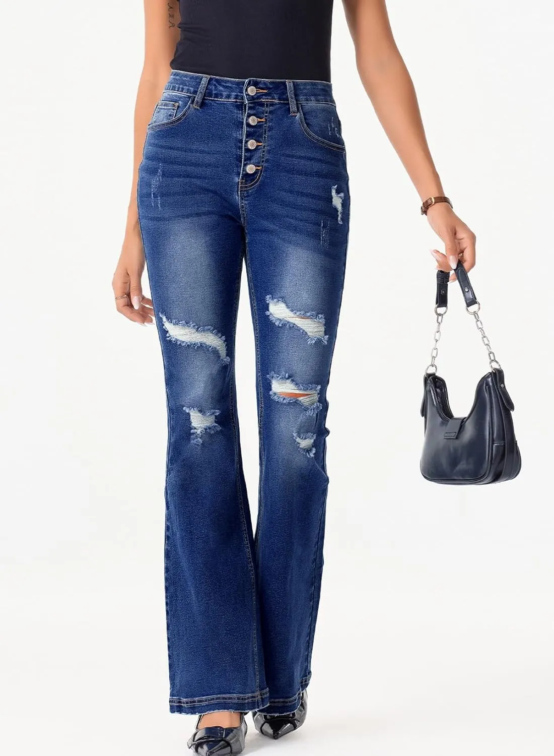 Sidefeel Women's High Waisted Bell Bottom Bootcut Jeans Flared Wide Leg Denim Pants