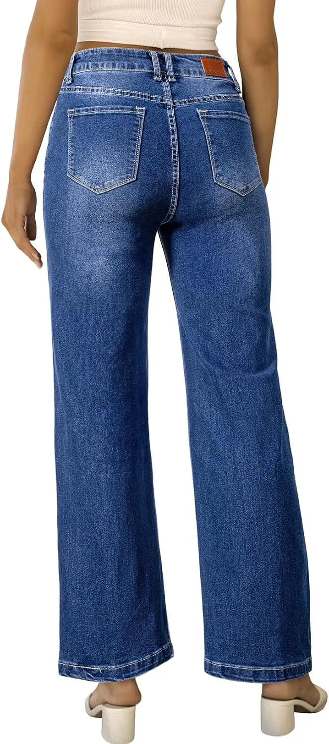 Sidefeel Women's Wide Leg Jeans Casual High Waisted Straight Zimbaplatinum Denim Pants with Pockets