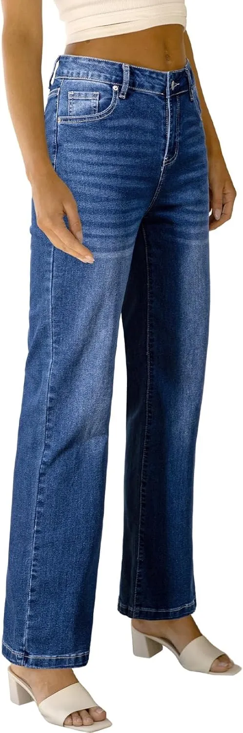 Sidefeel Women's Wide Leg Jeans Casual High Waisted Straight Zimbaplatinum Denim Pants with Pockets