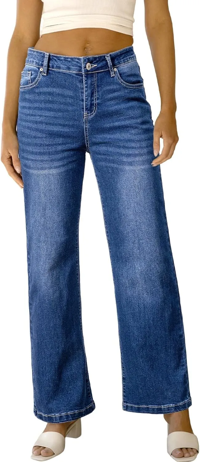 Sidefeel Women's Wide Leg Jeans Casual High Waisted Straight Zimbaplatinum Denim Pants with Pockets