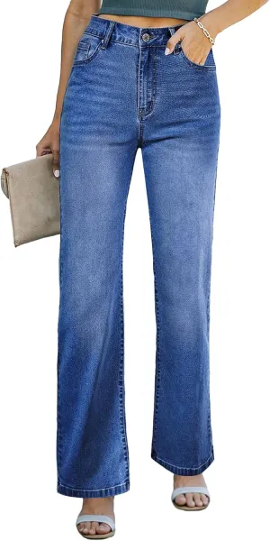 Sidefeel Women's Wide Leg Jeans Casual High Waisted Straight Zimbaplatinum Denim Pants with Pockets