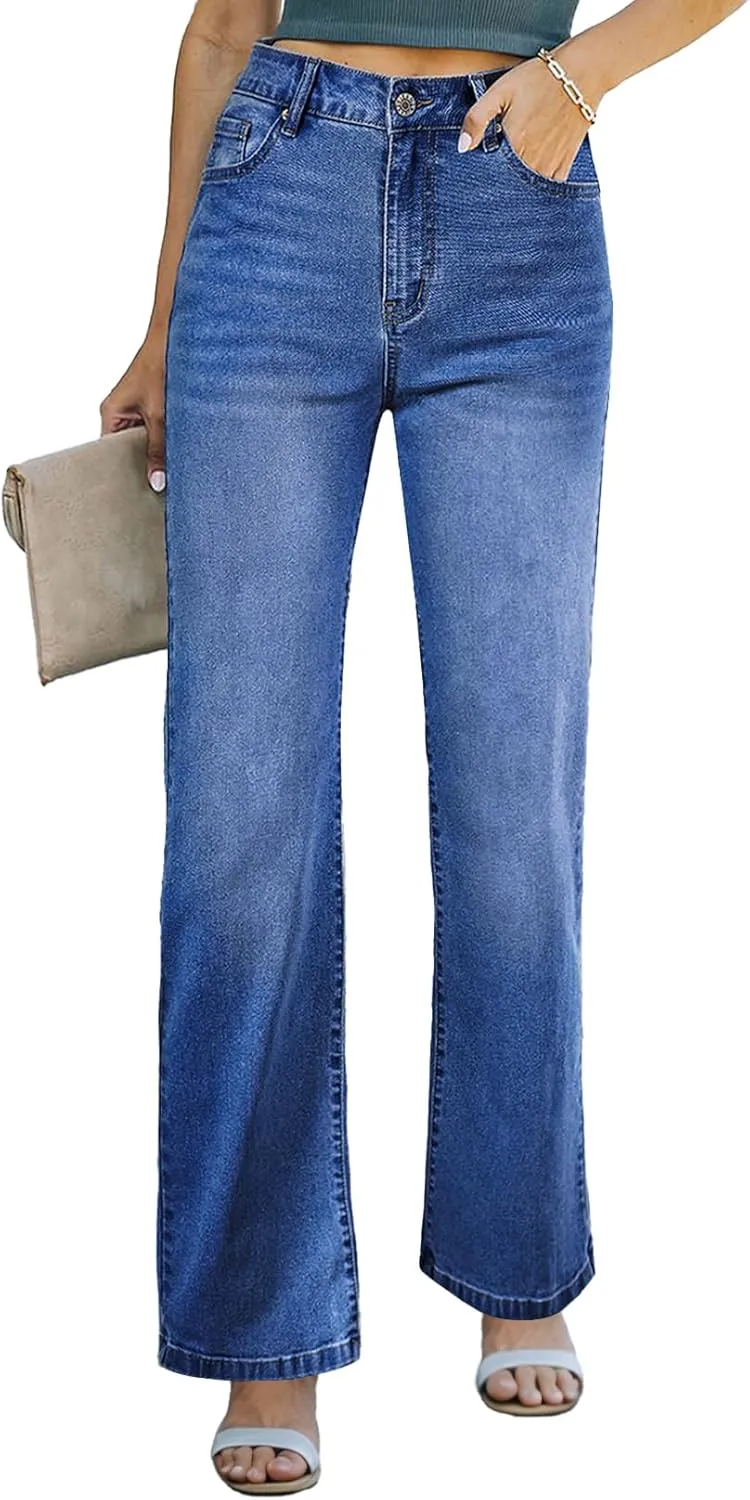 Sidefeel Women's Wide Leg Jeans Casual High Waisted Straight Zimbaplatinum Denim Pants with Pockets