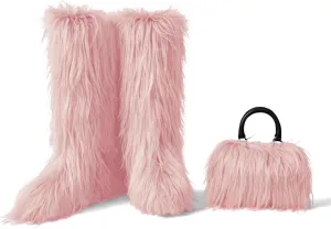SIFINELAR Women's Knee High Boots With Fur Bags for Women, Womens Faux Fur Boots Warm Snow Fuzzy Fluffy Boots Tall Winter Boots Outdoor Indoor Flat Shoes