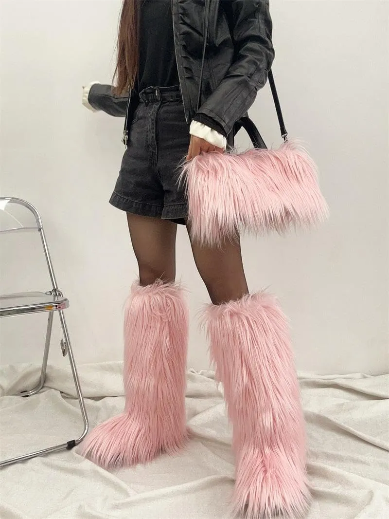 SIFINELAR Women's Knee High Boots With Fur Bags for Women, Womens Faux Fur Boots Warm Snow Fuzzy Fluffy Boots Tall Winter Boots Outdoor Indoor Flat Shoes