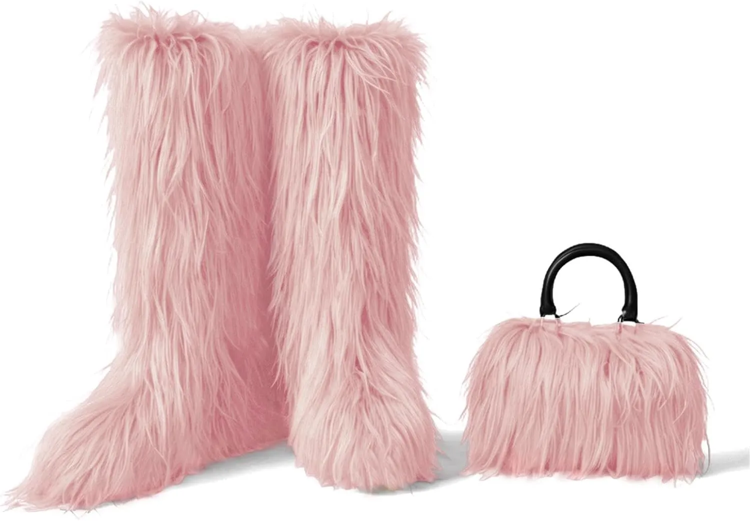 SIFINELAR Women's Knee High Boots With Fur Bags for Women, Womens Faux Fur Boots Warm Snow Fuzzy Fluffy Boots Tall Winter Boots Outdoor Indoor Flat Shoes