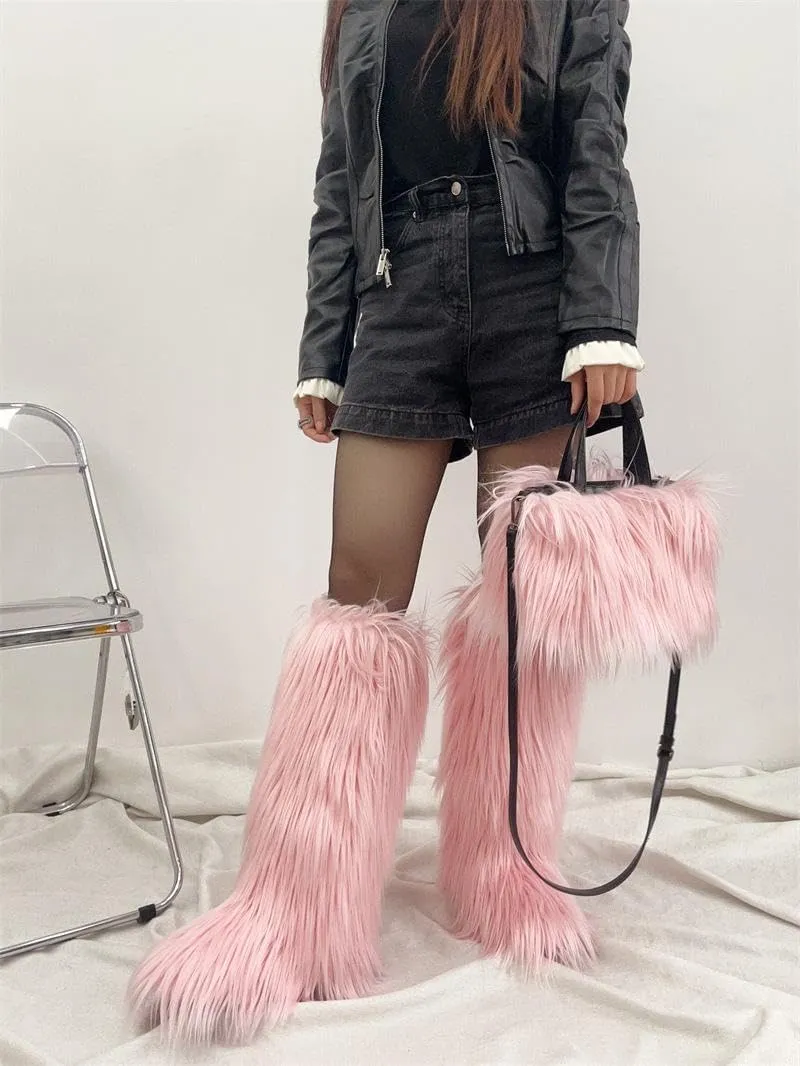 SIFINELAR Women's Knee High Boots With Fur Bags for Women, Womens Faux Fur Boots Warm Snow Fuzzy Fluffy Boots Tall Winter Boots Outdoor Indoor Flat Shoes