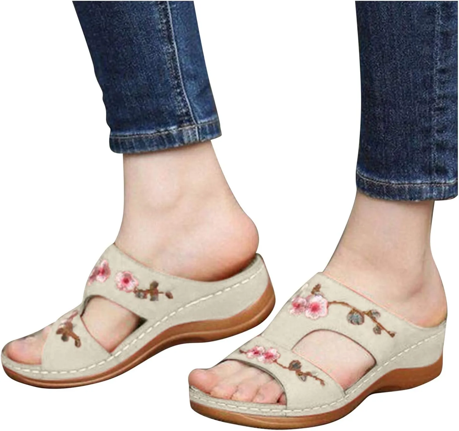 Slip on Sandals for Women Comfortable Casual Flower Embroidery Wedge Platform Slipper Summer Hollow Breathable Open Toe Platform Beach Shoes