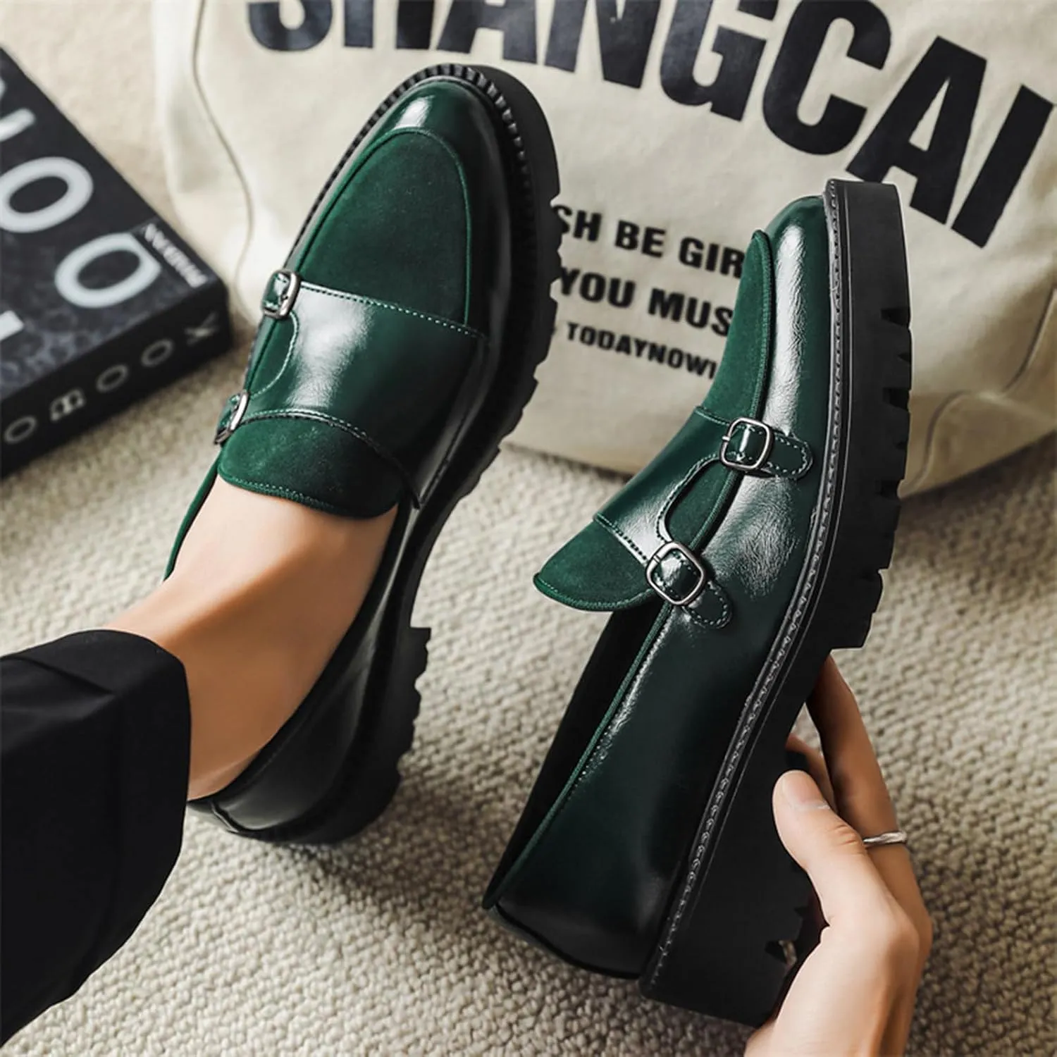 Slip on Shoes for Men, Casual Mens Loafers, Penny Loafers Dress Shoes, Monk Strap PU Leather Shoes, Pointed Toe, Non Slip Rubber