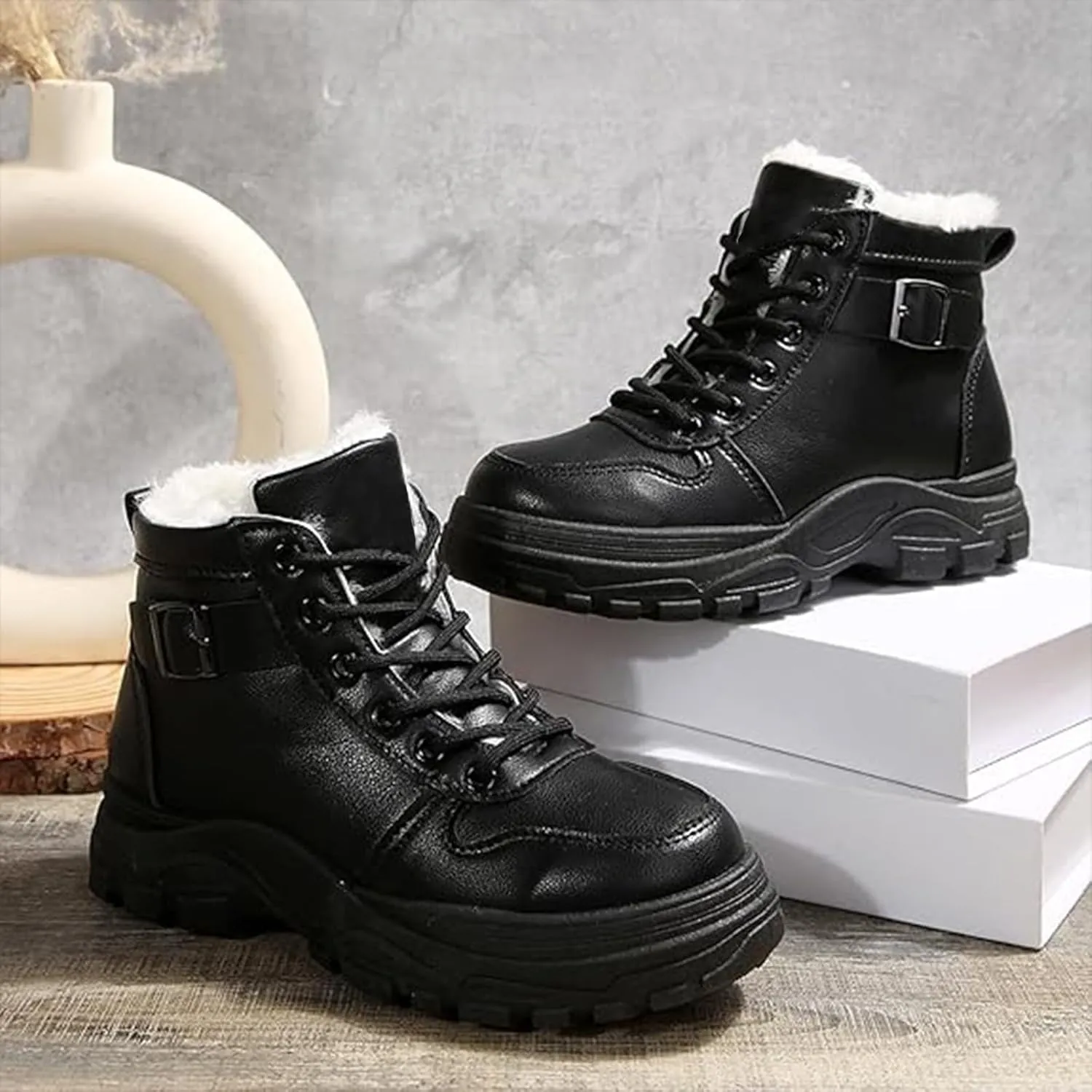 Snow Ankle Boots For Men Fu𝐫 Lined Non-Slip Hiking Boots Women 𝐖aterproof Winter Walking Shoes For Men