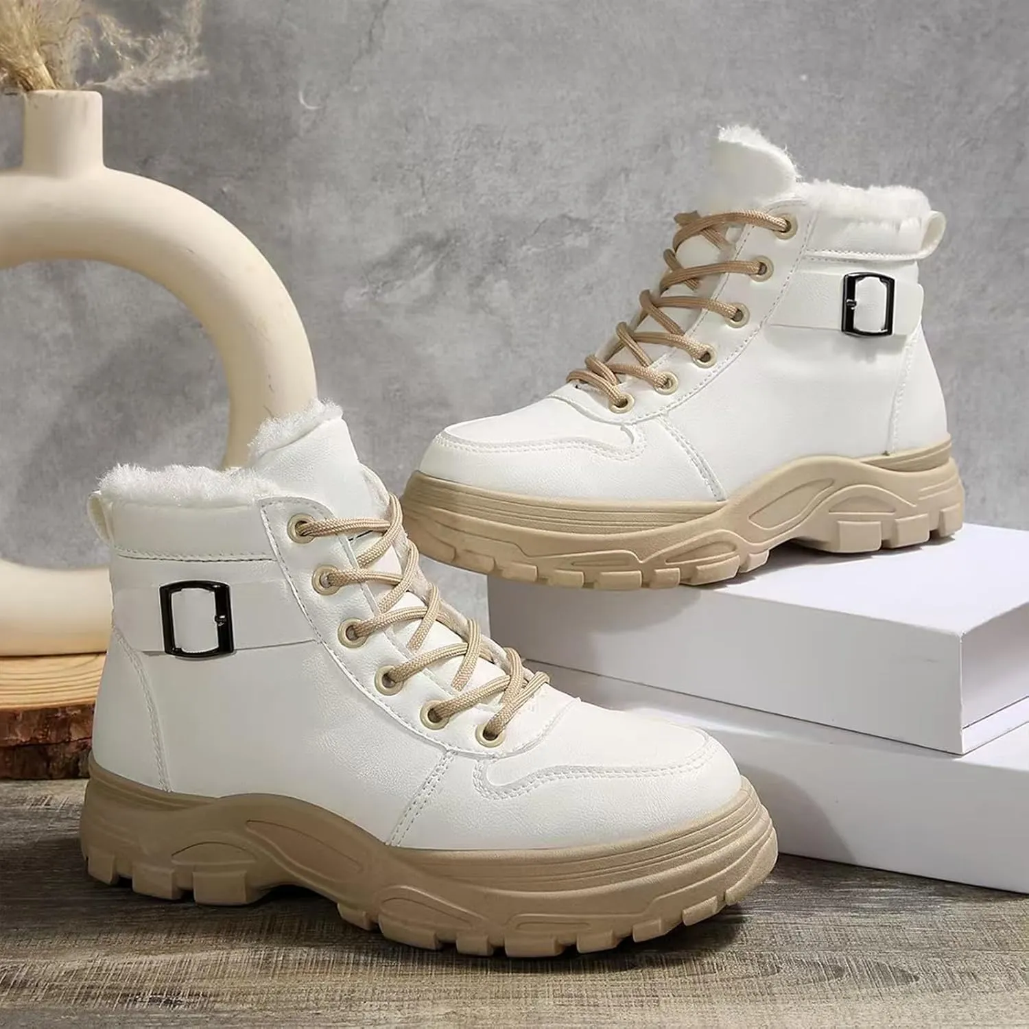 Snow Ankle Boots For Men Fu𝐫 Lined Non-Slip Hiking Boots Women 𝐖aterproof Winter Walking Shoes For Men