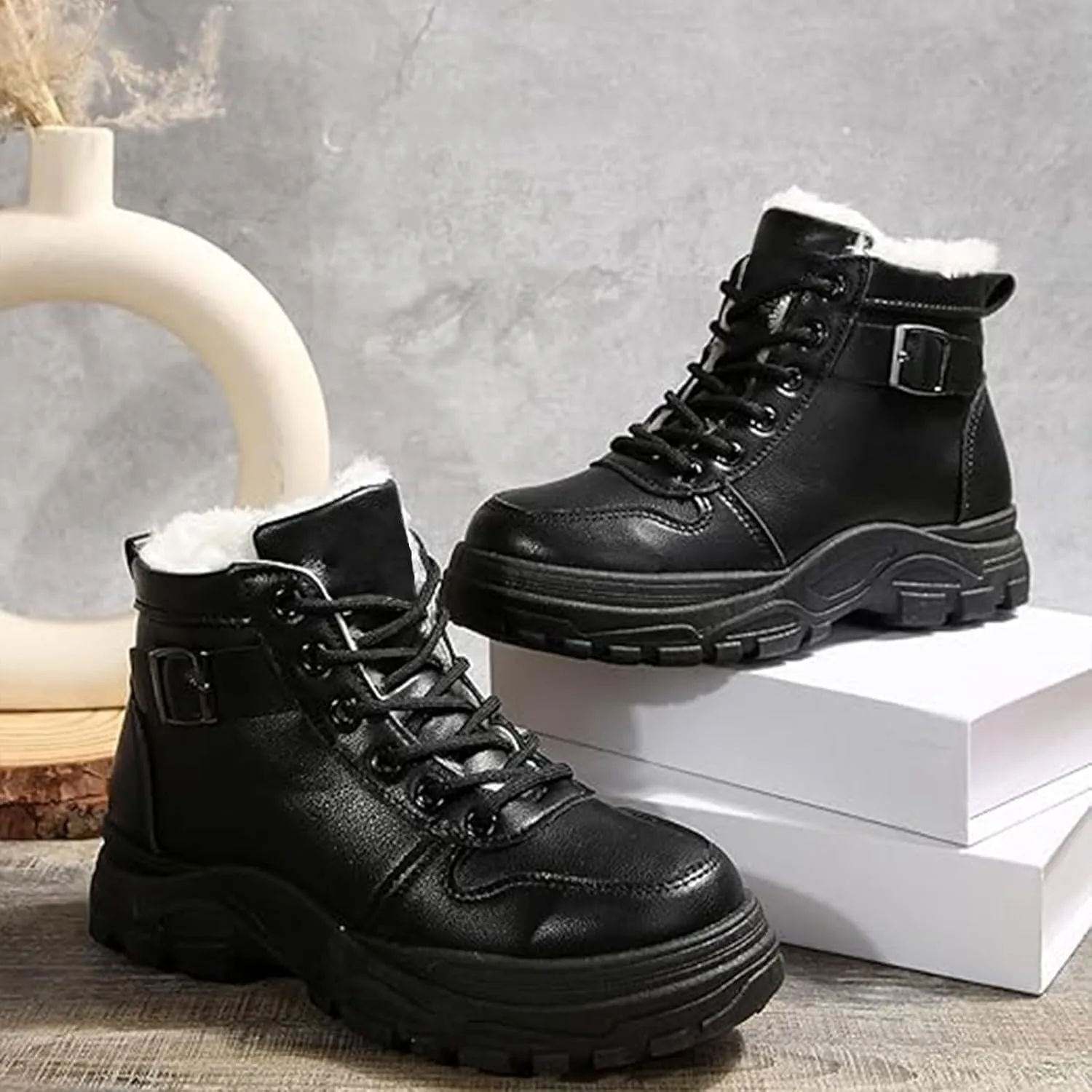 Snow Ankle Boots For Men Fu𝐫 Lined Non-Slip Hiking Boots Women 𝐖aterproof Winter Walking Shoes For Men