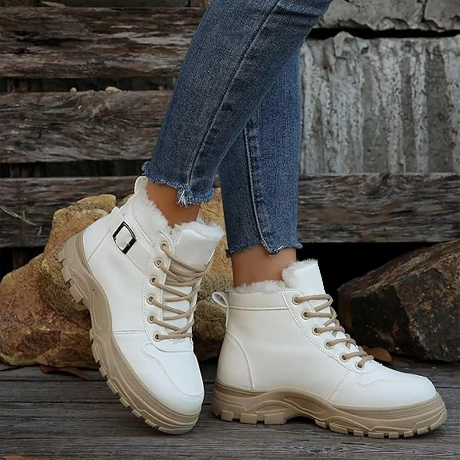 Snow Ankle Boots For Men Fu𝐫 Lined Non-Slip Hiking Boots Women 𝐖aterproof Winter Walking Shoes For Men