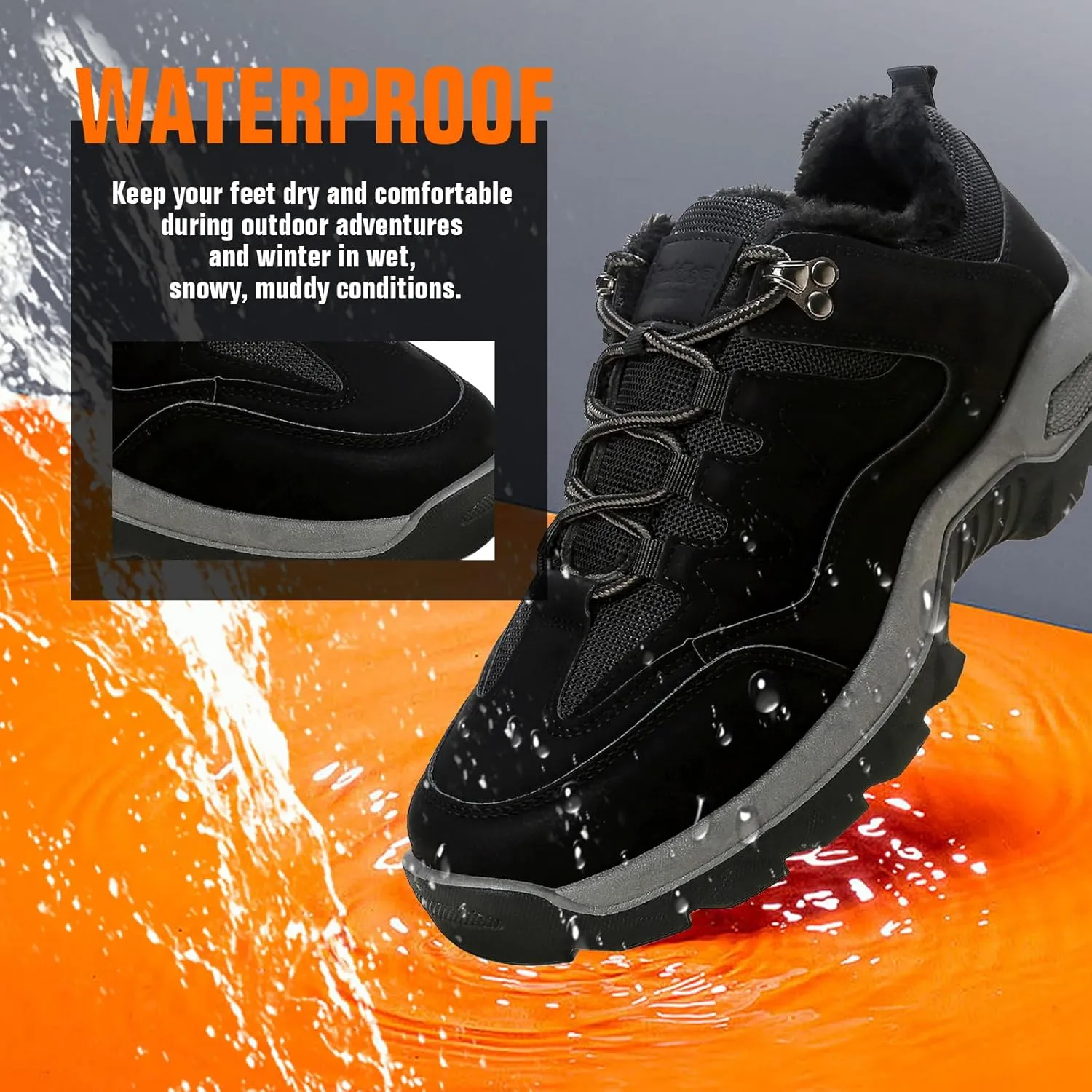 Snow Boots for Men, Slip on Waterproof Hiking Boots with Fur Lined, Mens Winter Boots Shoes Non-Slip Rubber Sole Outdoor Comfortable Walking Shoes