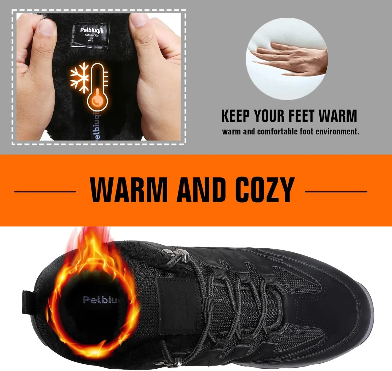 Snow Boots for Men, Slip on Waterproof Hiking Boots with Fur Lined, Mens Winter Boots Shoes Non-Slip Rubber Sole Outdoor Comfortable Walking Shoes