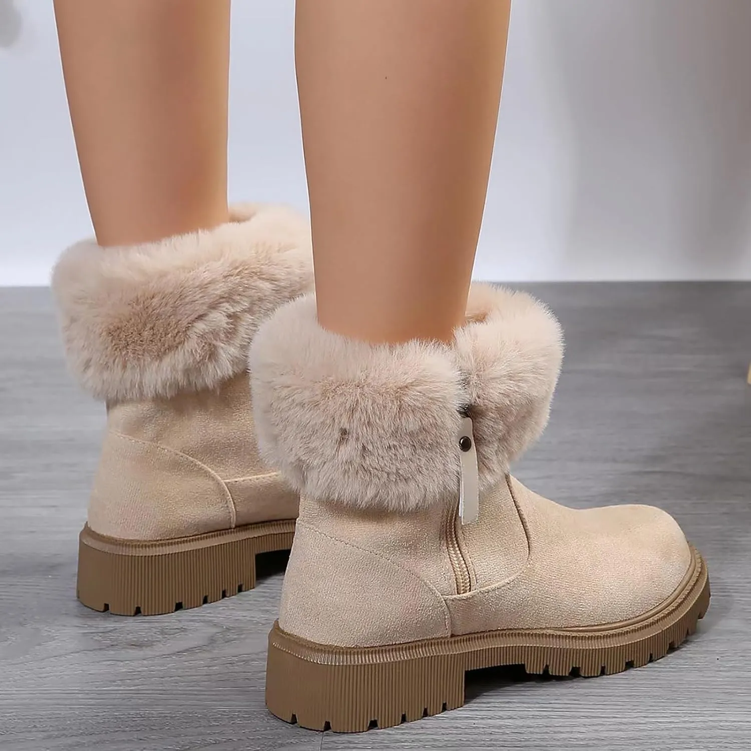 Snow Shoes For Men Hiking Boots Women 𝐖aterproof Round Toe Lug Sole Non-Slip Side Zipper Ankle Booties