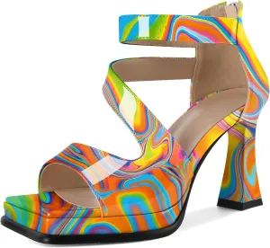 Soireelady Womens Platform Chunky Heel Sandals, Square Open Toe Block High Heels, Ankle Strappy Heeled Sandals Wedding Prom Dress Shoes 3.5 Inch