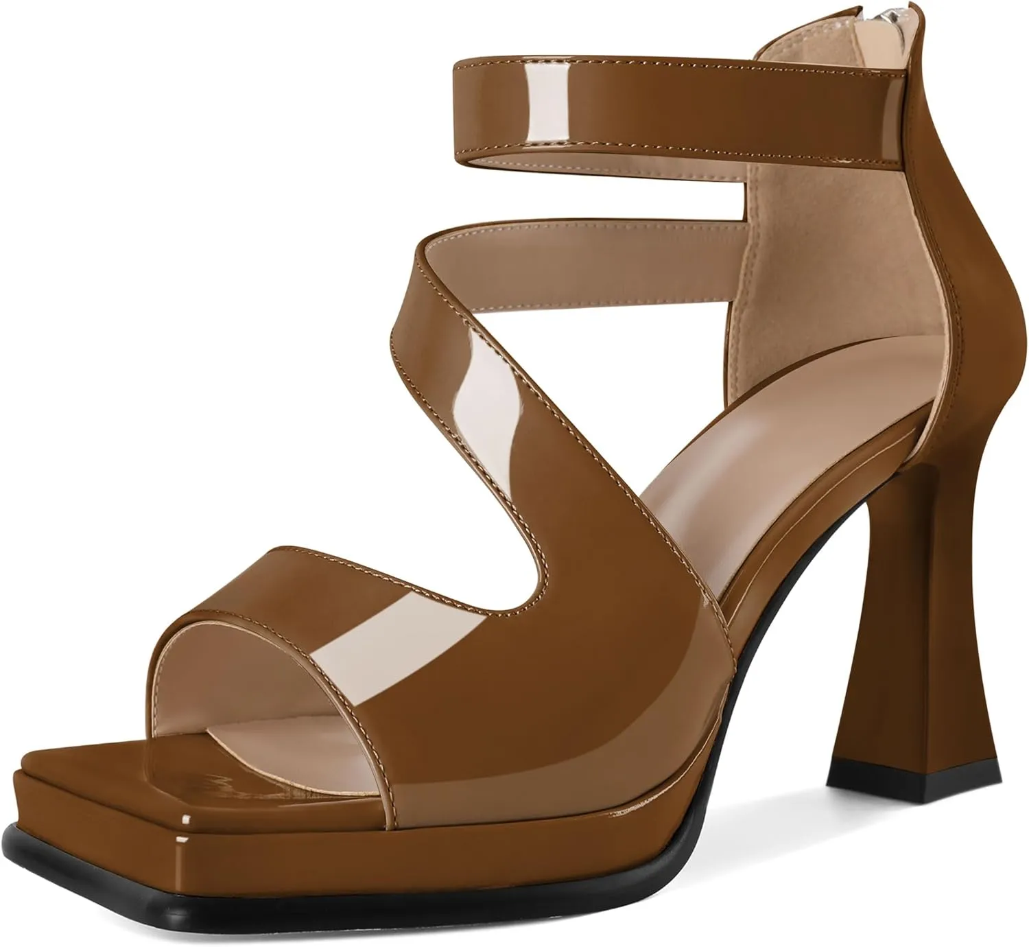 Soireelady Womens Platform Chunky Heel Sandals, Square Open Toe Block High Heels, Ankle Strappy Heeled Sandals Wedding Prom Dress Shoes 3.5 Inch