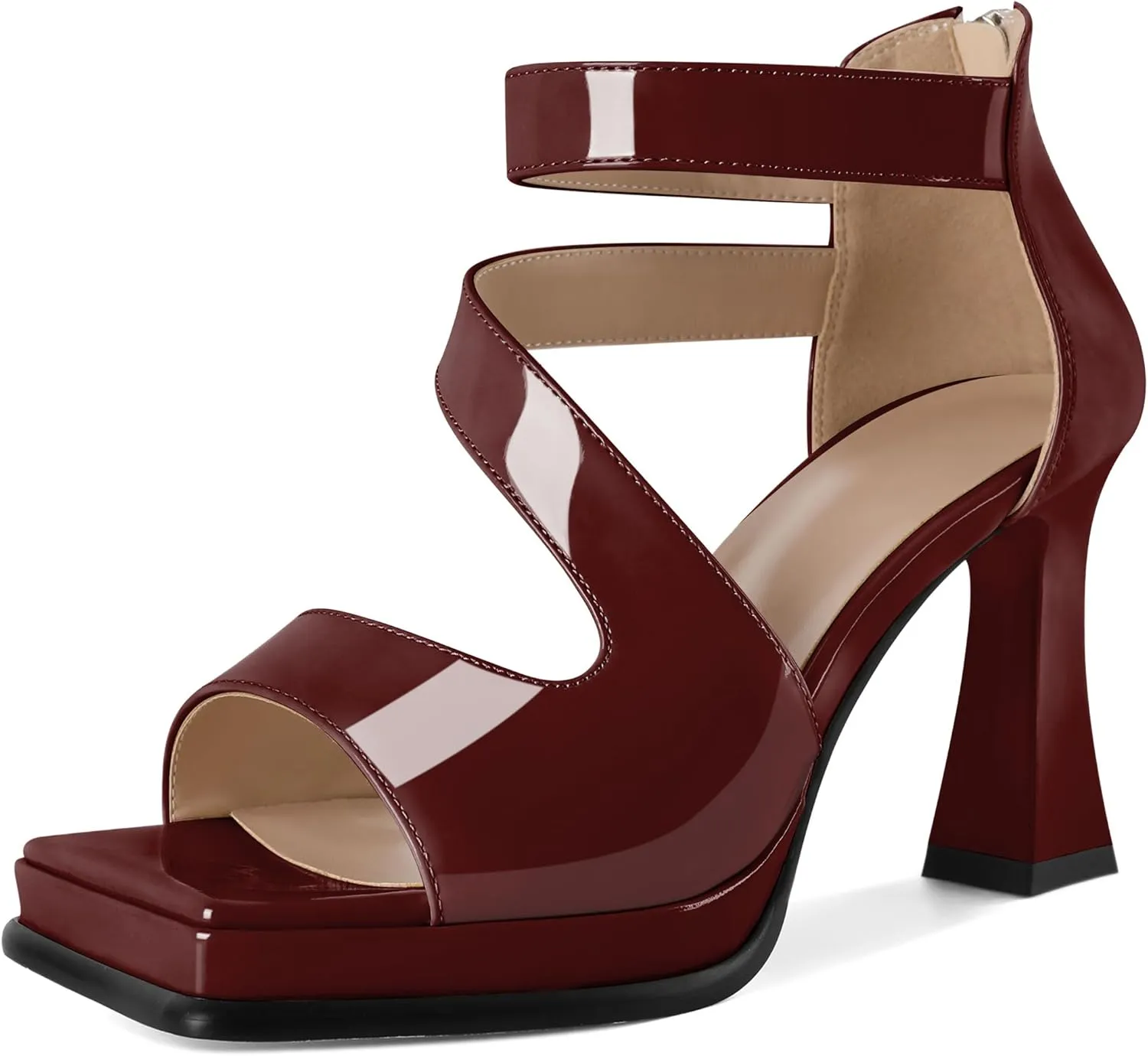 Soireelady Womens Platform Chunky Heel Sandals, Square Open Toe Block High Heels, Ankle Strappy Heeled Sandals Wedding Prom Dress Shoes 3.5 Inch