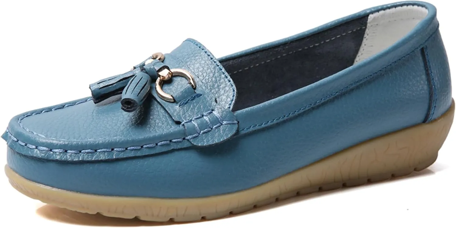 Solaud Women's Comfort Loafers Slope Heeled Moccasins Leather Loafer Casual Round Toe Soft Leather Wedge Pumps Breathable Slip On Walking Office Lightweight Shoes