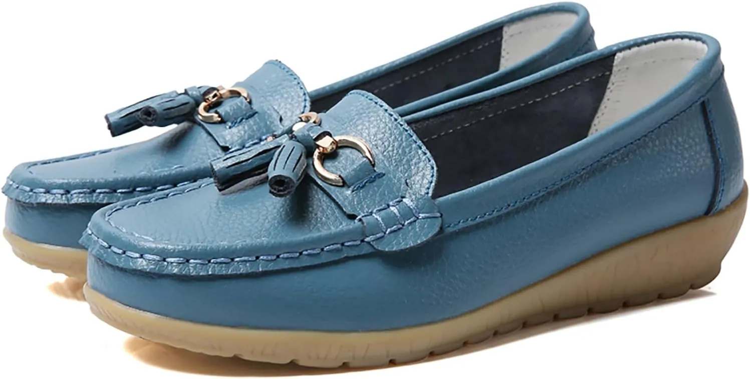 Solaud Women's Comfort Loafers Slope Heeled Moccasins Leather Loafer Casual Round Toe Soft Leather Wedge Pumps Breathable Slip On Walking Office Lightweight Shoes