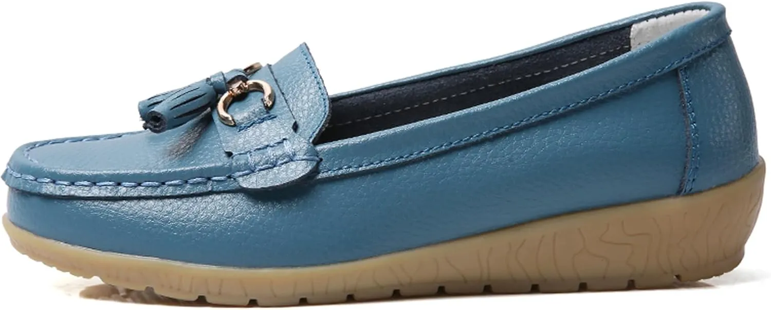 Solaud Women's Comfort Loafers Slope Heeled Moccasins Leather Loafer Casual Round Toe Soft Leather Wedge Pumps Breathable Slip On Walking Office Lightweight Shoes