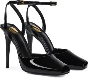 Square Open Toe Heeled Sandals for Women Patent Leather Stiletto High Heels Peep Toe Ankle Strap Backless Pumps Fashion Casual Dressy Party Shoes