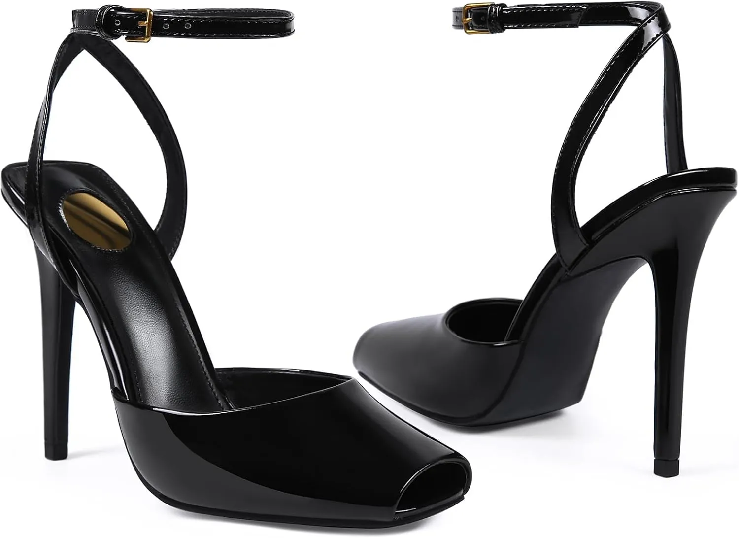 Square Open Toe Heeled Sandals for Women Patent Leather Stiletto High Heels Peep Toe Ankle Strap Backless Pumps Fashion Casual Dressy Party Shoes
