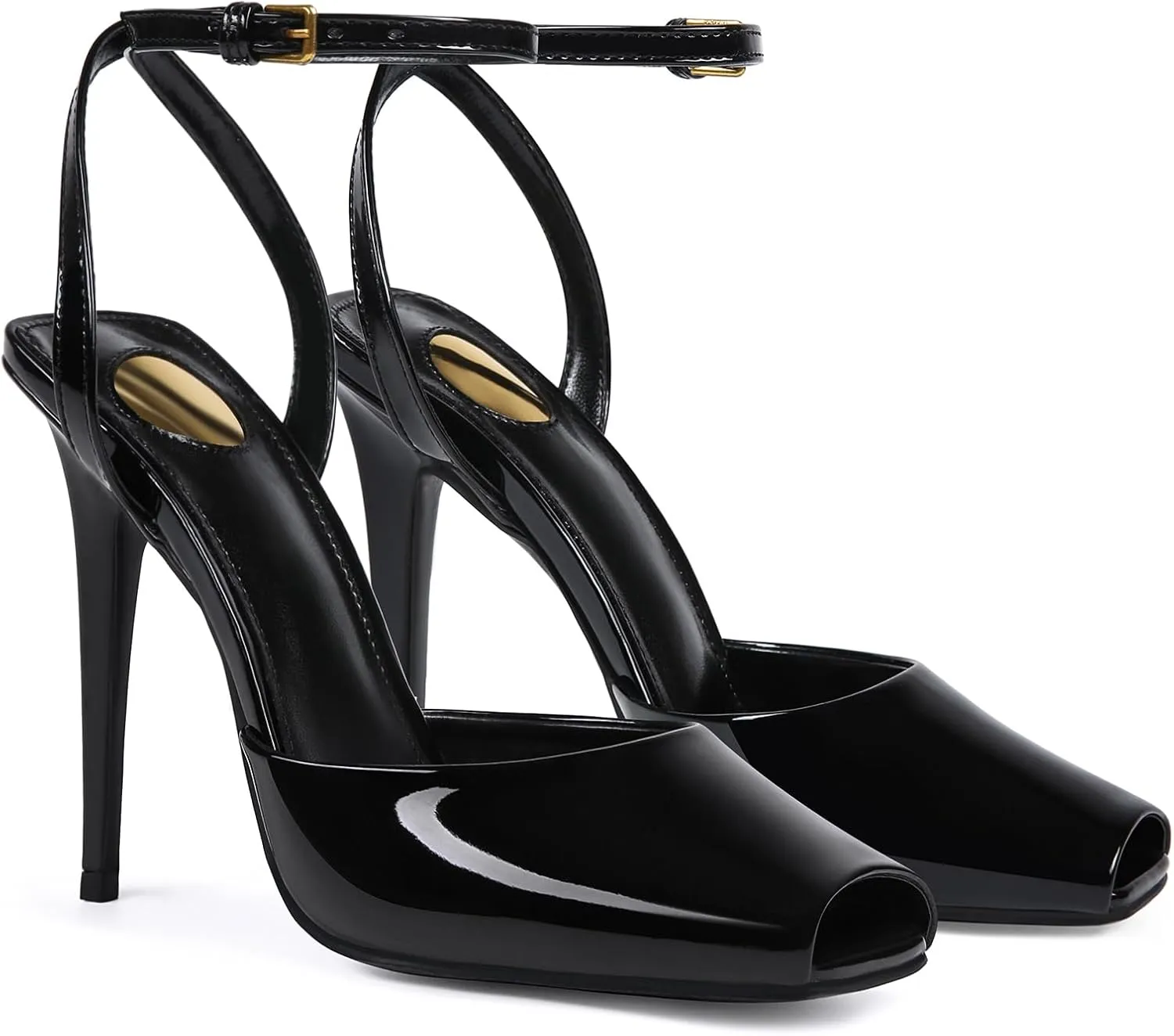 Square Open Toe Heeled Sandals for Women Patent Leather Stiletto High Heels Peep Toe Ankle Strap Backless Pumps Fashion Casual Dressy Party Shoes