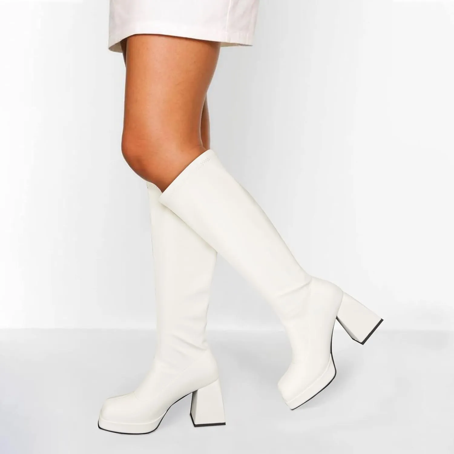 STALOV Platform Gogo Boots for women Knee High Square Toe Tall Boots Block Chunky Heel Stretchy Leather Long Boots