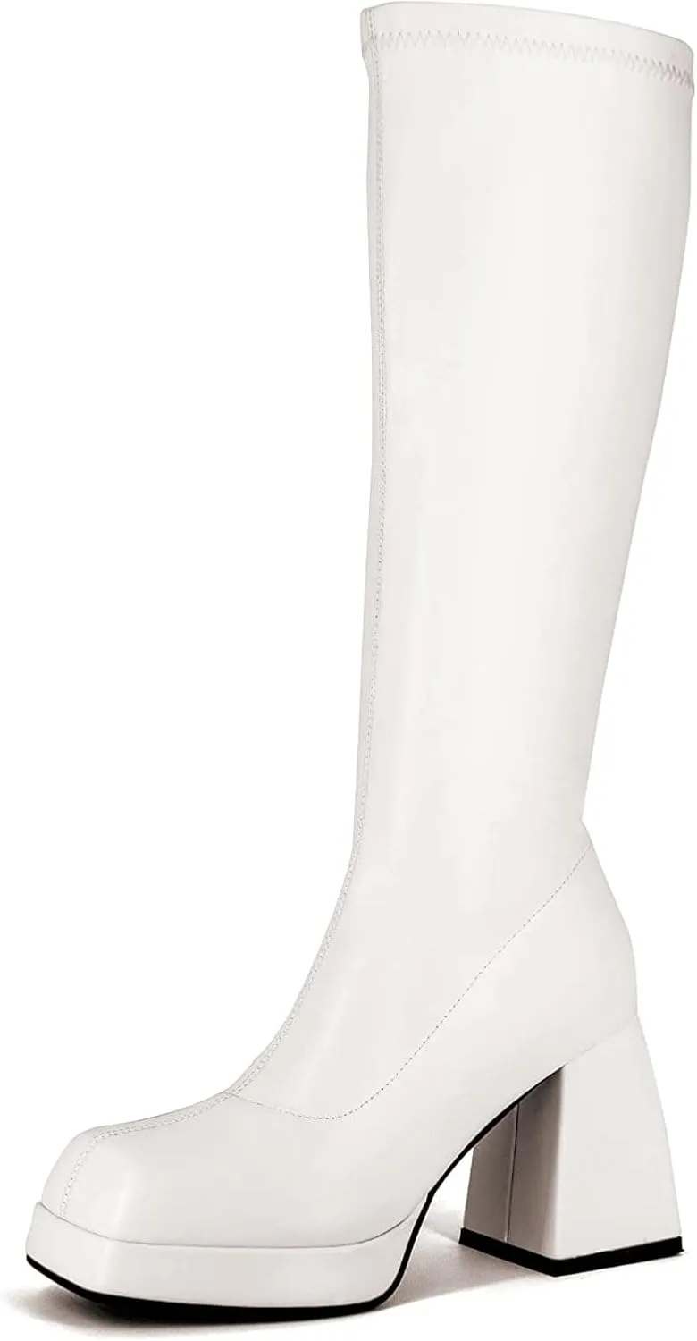 STALOV Platform Gogo Boots for women Knee High Square Toe Tall Boots Block Chunky Heel Stretchy Leather Long Boots