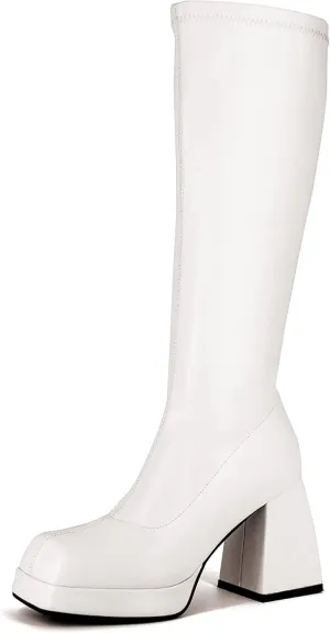 STALOV Platform Gogo Boots for women Knee High Square Toe Tall Boots Block Chunky Heel Stretchy Leather Long Boots