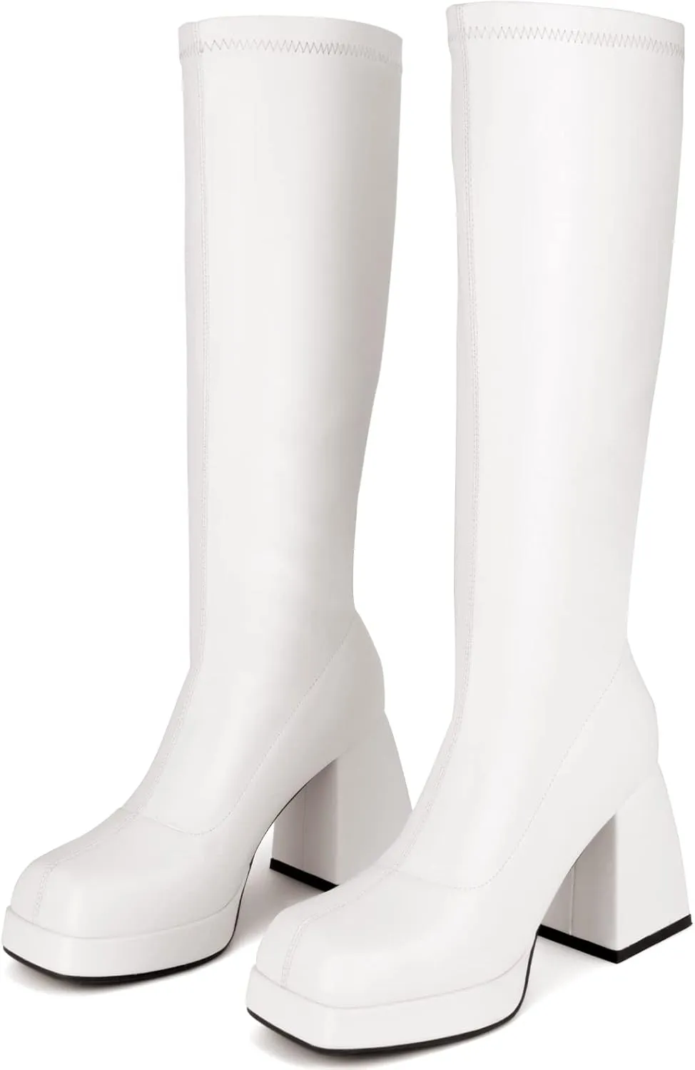 STALOV Platform Gogo Boots for women Knee High Square Toe Tall Boots Block Chunky Heel Stretchy Leather Long Boots