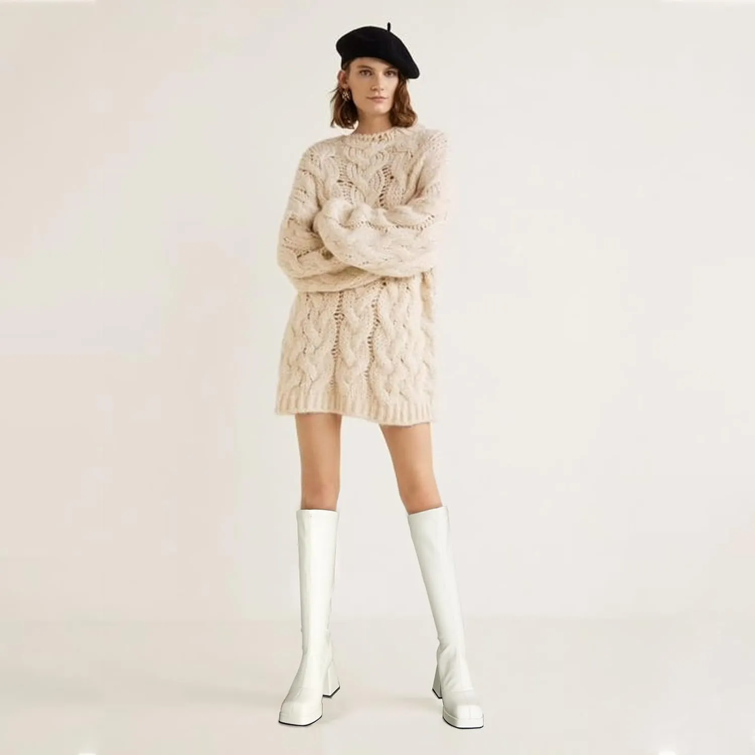 STALOV Platform Gogo Boots for women Knee High Square Toe Tall Boots Block Chunky Heel Stretchy Leather Long Boots