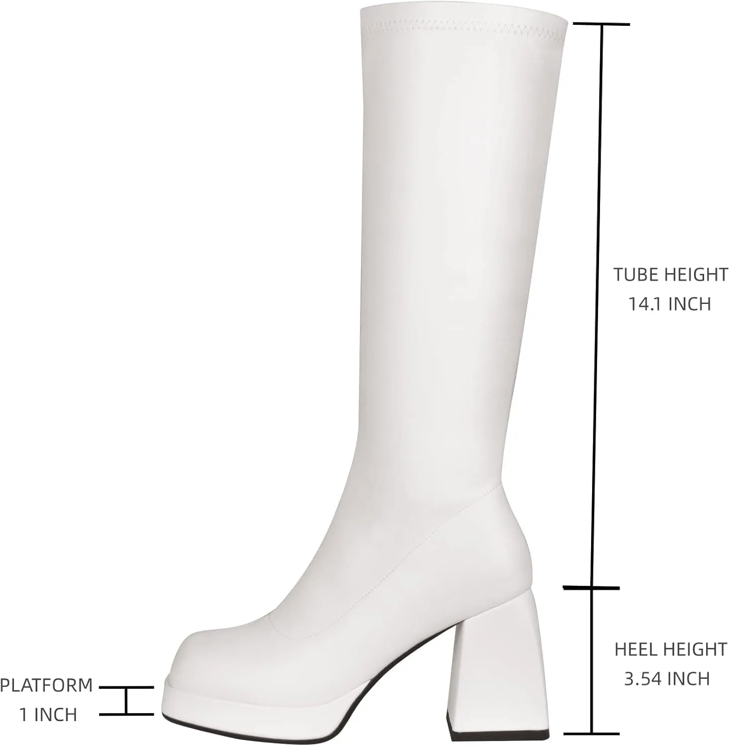 STALOV Platform Gogo Boots for women Knee High Square Toe Tall Boots Block Chunky Heel Stretchy Leather Long Boots