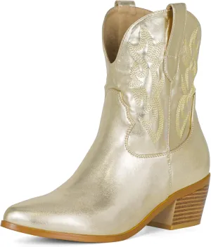 STALOV Short Cowgirl Boots for Women Embroidered Cowboy Ankle Boots,Pointed Toe Low Chunky Heel Pull On Western Stitched Boots