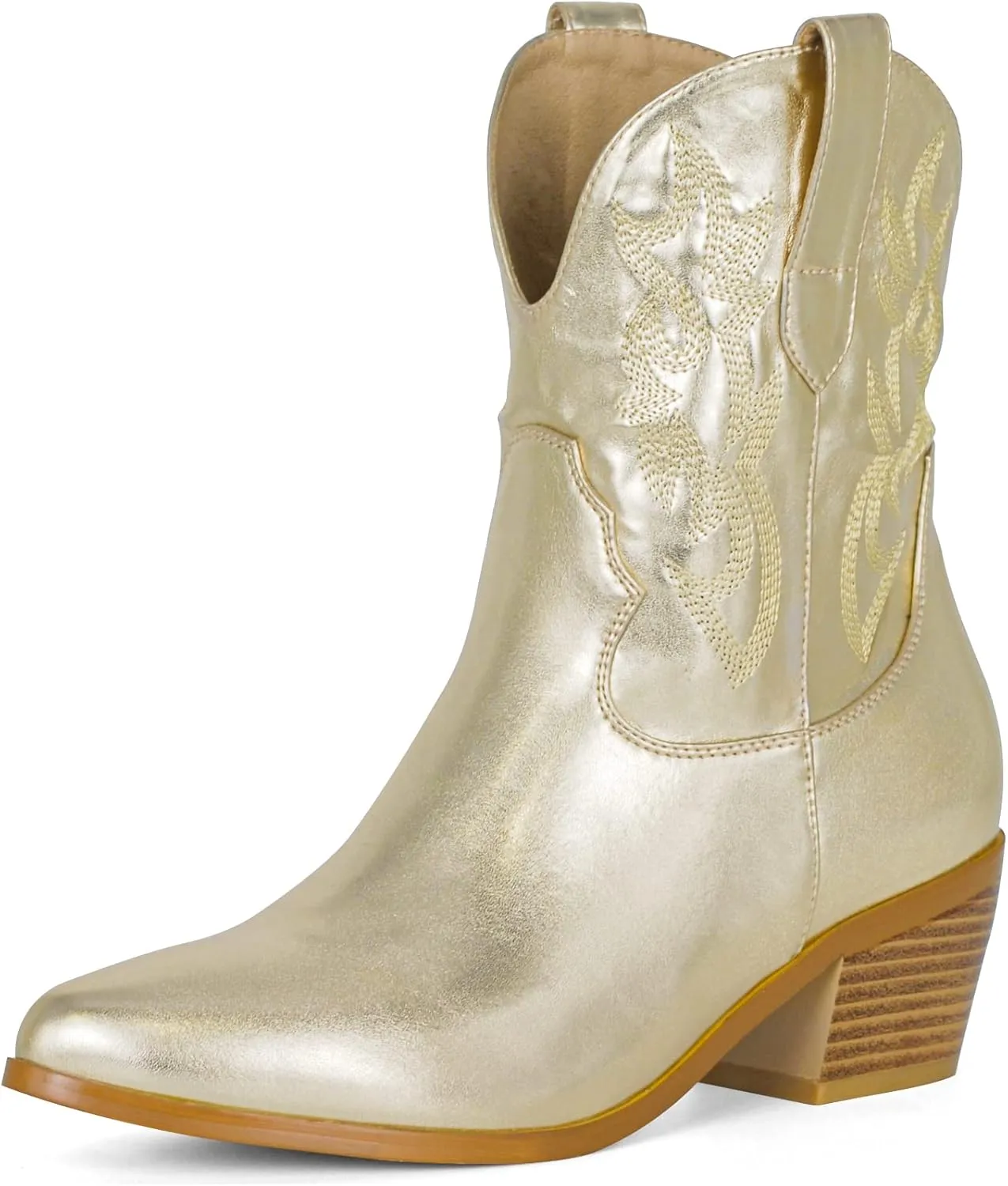 STALOV Short Cowgirl Boots for Women Embroidered Cowboy Ankle Boots,Pointed Toe Low Chunky Heel Pull On Western Stitched Boots