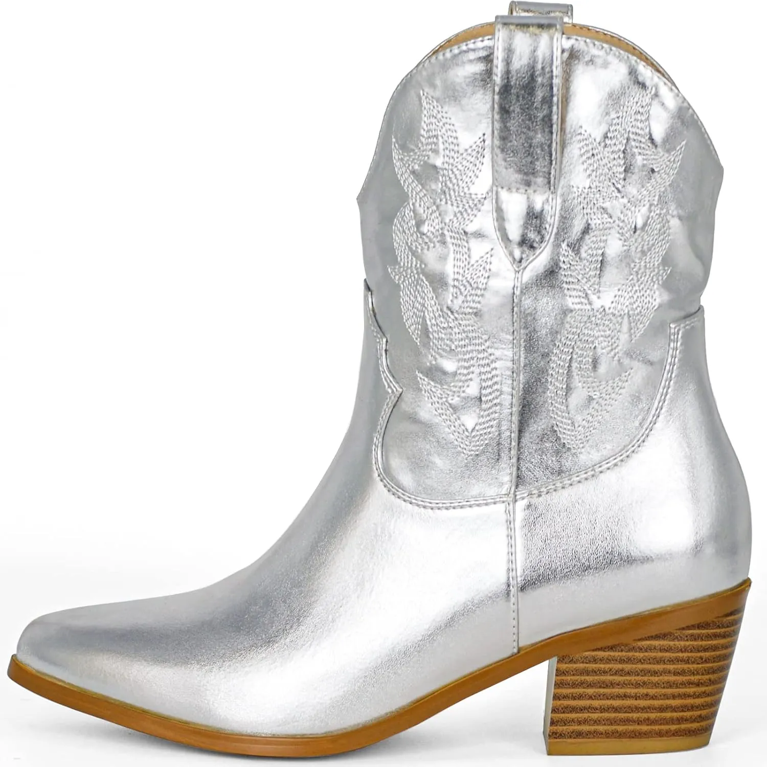 STALOV Short Cowgirl Boots for Women Embroidered Cowboy Ankle Boots,Pointed Toe Low Chunky Heel Pull On Western Stitched Boots