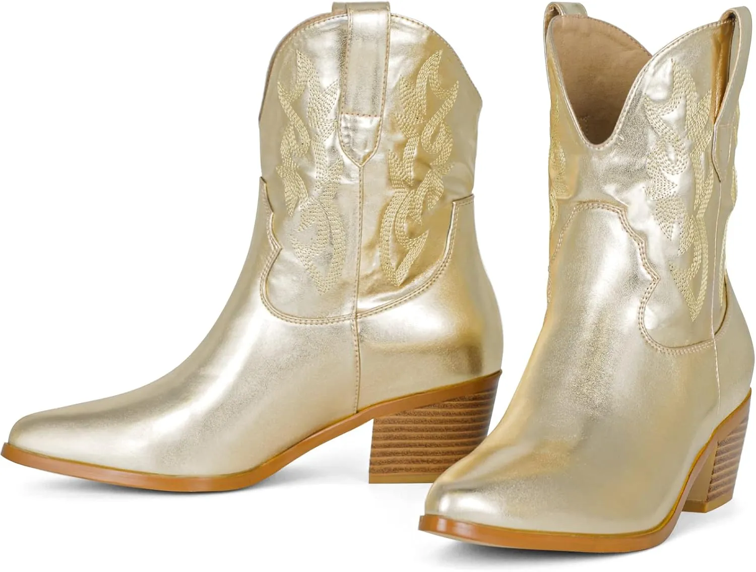STALOV Short Cowgirl Boots for Women Embroidered Cowboy Ankle Boots,Pointed Toe Low Chunky Heel Pull On Western Stitched Boots