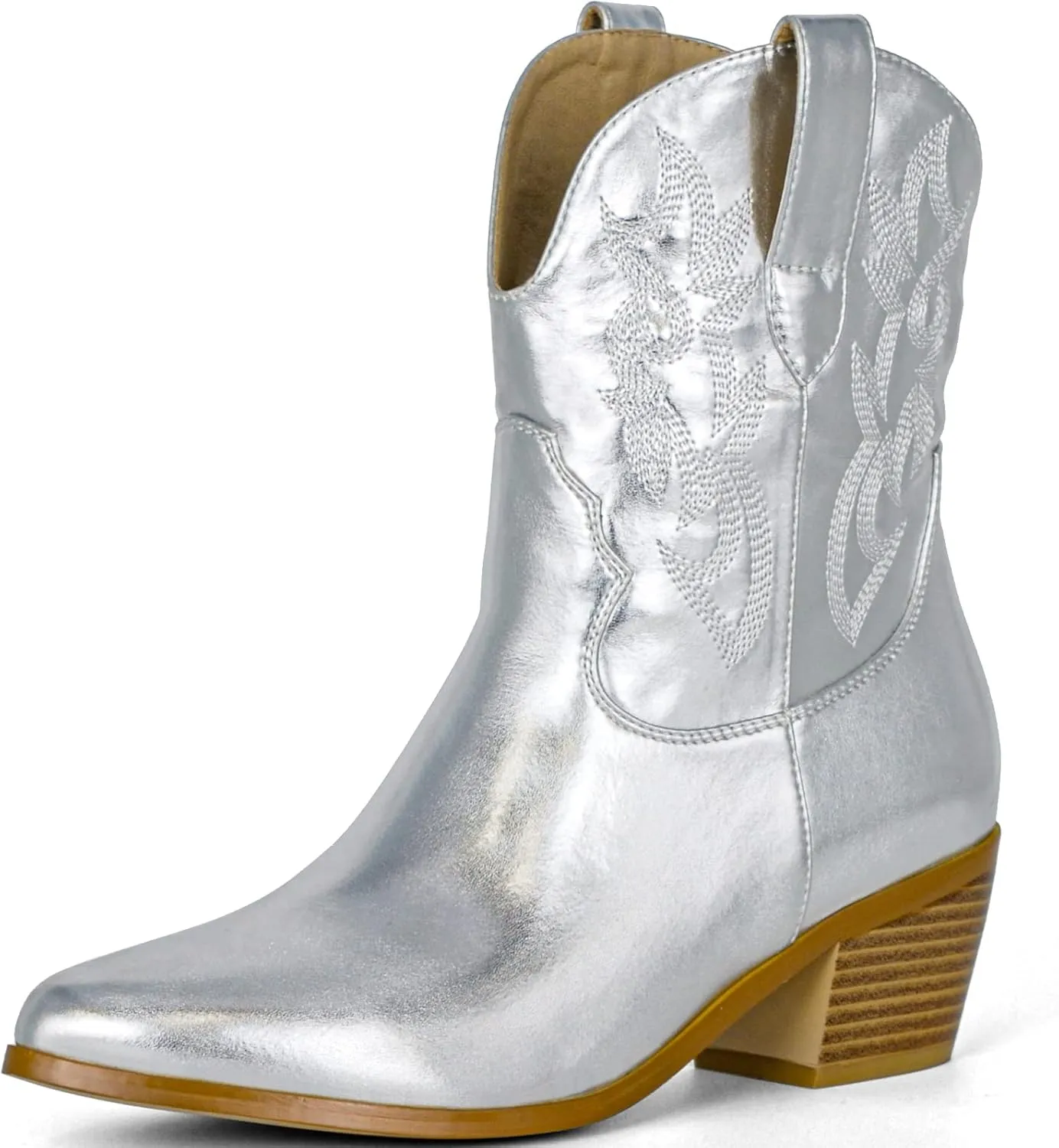 STALOV Short Cowgirl Boots for Women Embroidered Cowboy Ankle Boots,Pointed Toe Low Chunky Heel Pull On Western Stitched Boots